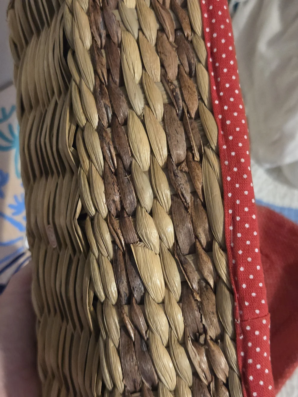 Set of vintage long narrow baskets with red polka dot fabric made in Philippines